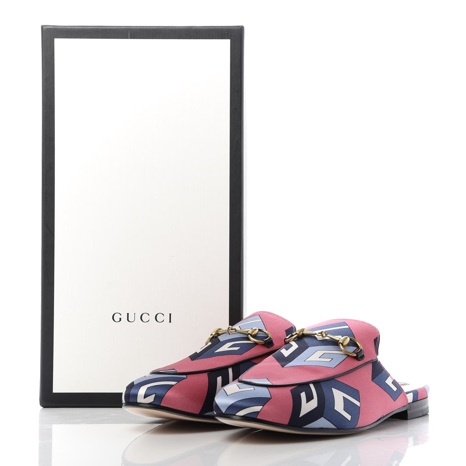 Gucci Satin GG Wallpaper Womens Princetown Slippers 38.5 Pink Flamboyant Blue Black 10 of 10