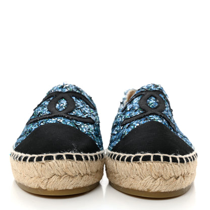 Chanel Metallic Tweed Sequin Grosgrain CC Espadrilles 35 Blue Black 2 of 7