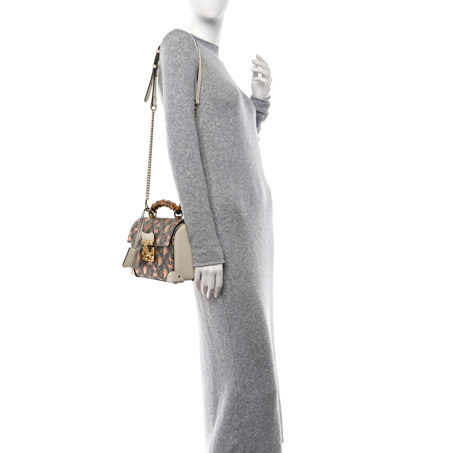 GG Supreme Monogram Berry Textured Dollar Calfskin Small Padlock Bamboo Shoulder Bag Beige Ebony Light Copper Mystic White