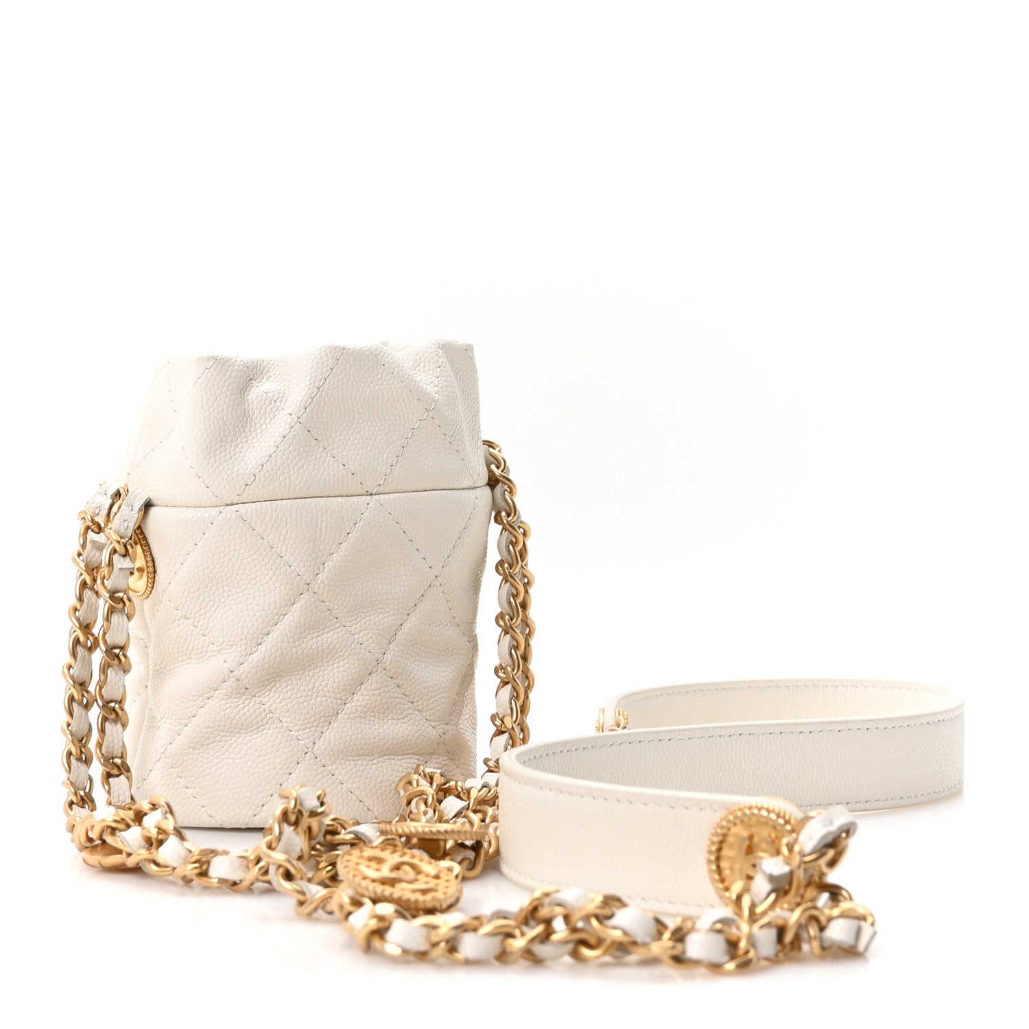 Chanel Caviar Quilted Twist Your Buttons Mini Bucket Bag White 3 of 10