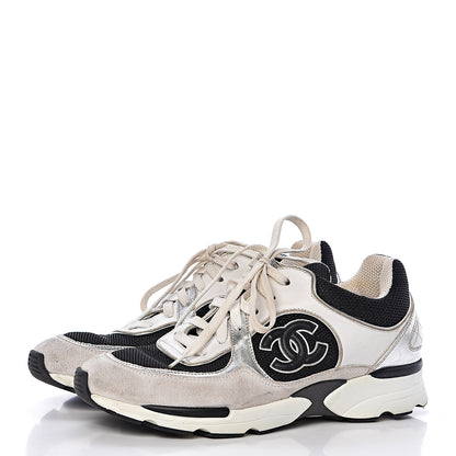 Chanel Suede Calfskin Womens CC Sneakers 37 Black White Silver 3 of 9