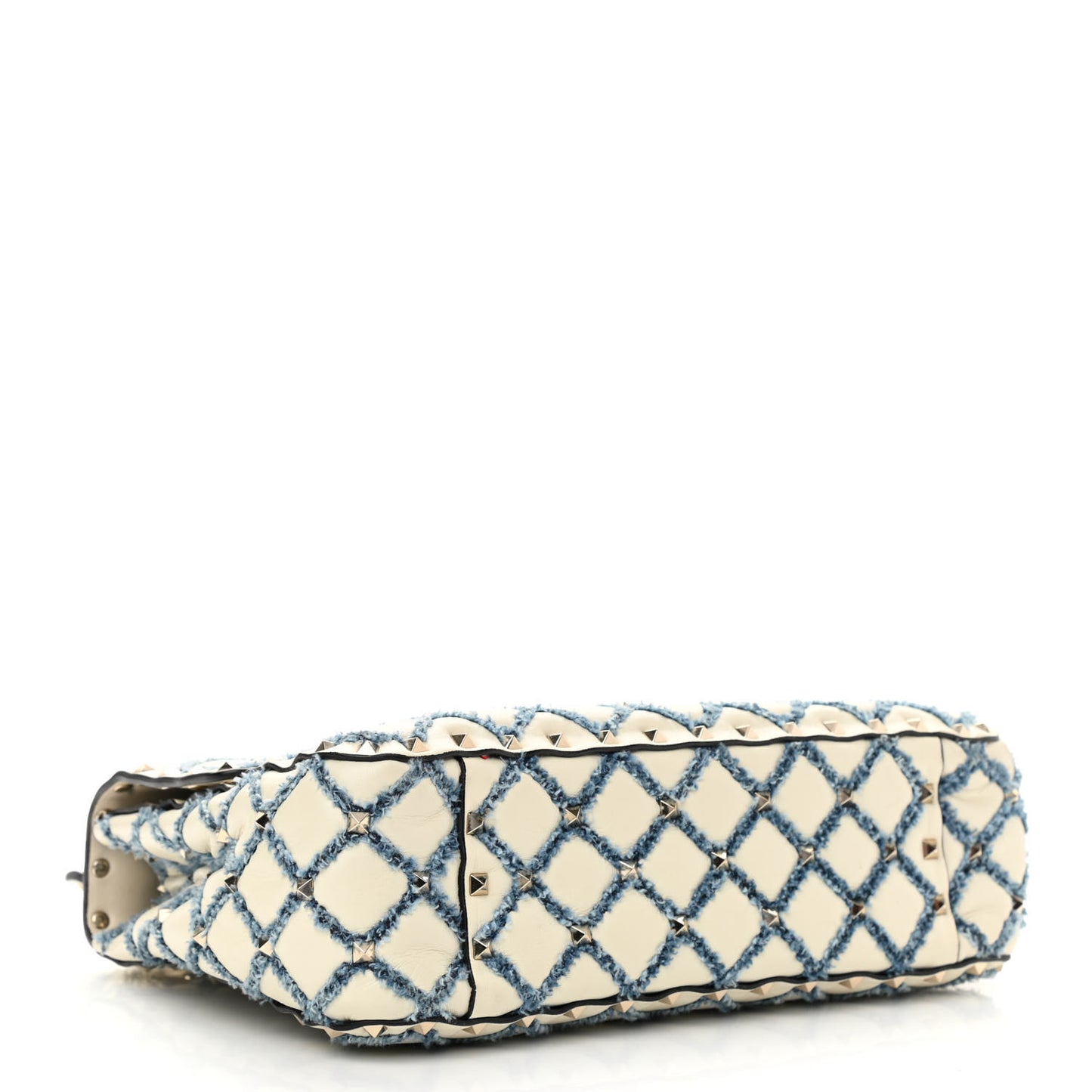 Nappa Denim Quilted Rockstud Medium Spike Shoulder Bag Ivory Blue