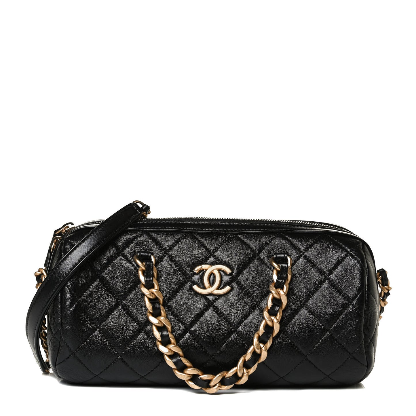 Shiny Lambskin Quilted Fashion Therapy Bowling Bag Black