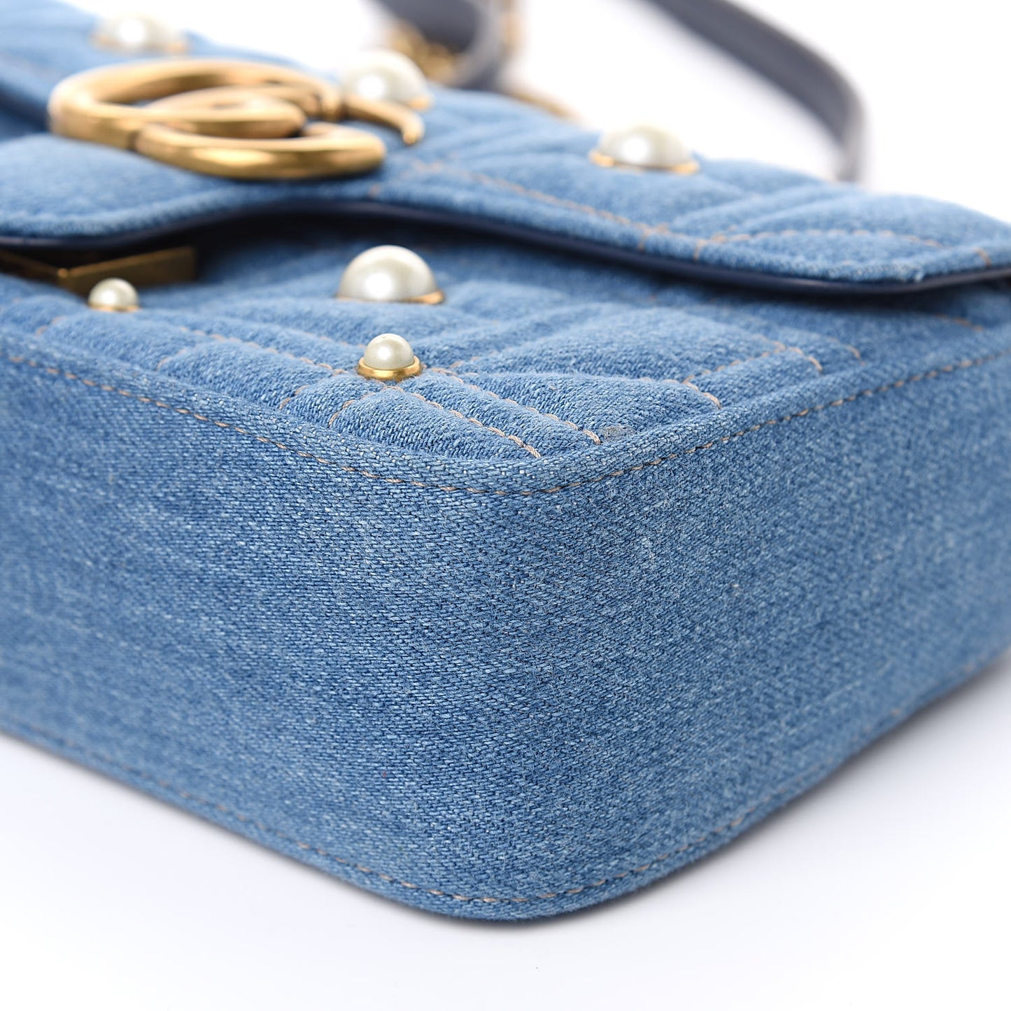 Denim Matelasse Pearl Studded Mini GG Marmont Shoulder Bag Blue