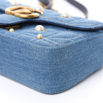 Gucci Denim Matelasse Pearl Studded Mini GG Marmont Shoulder Bag Blue 10 of 11
