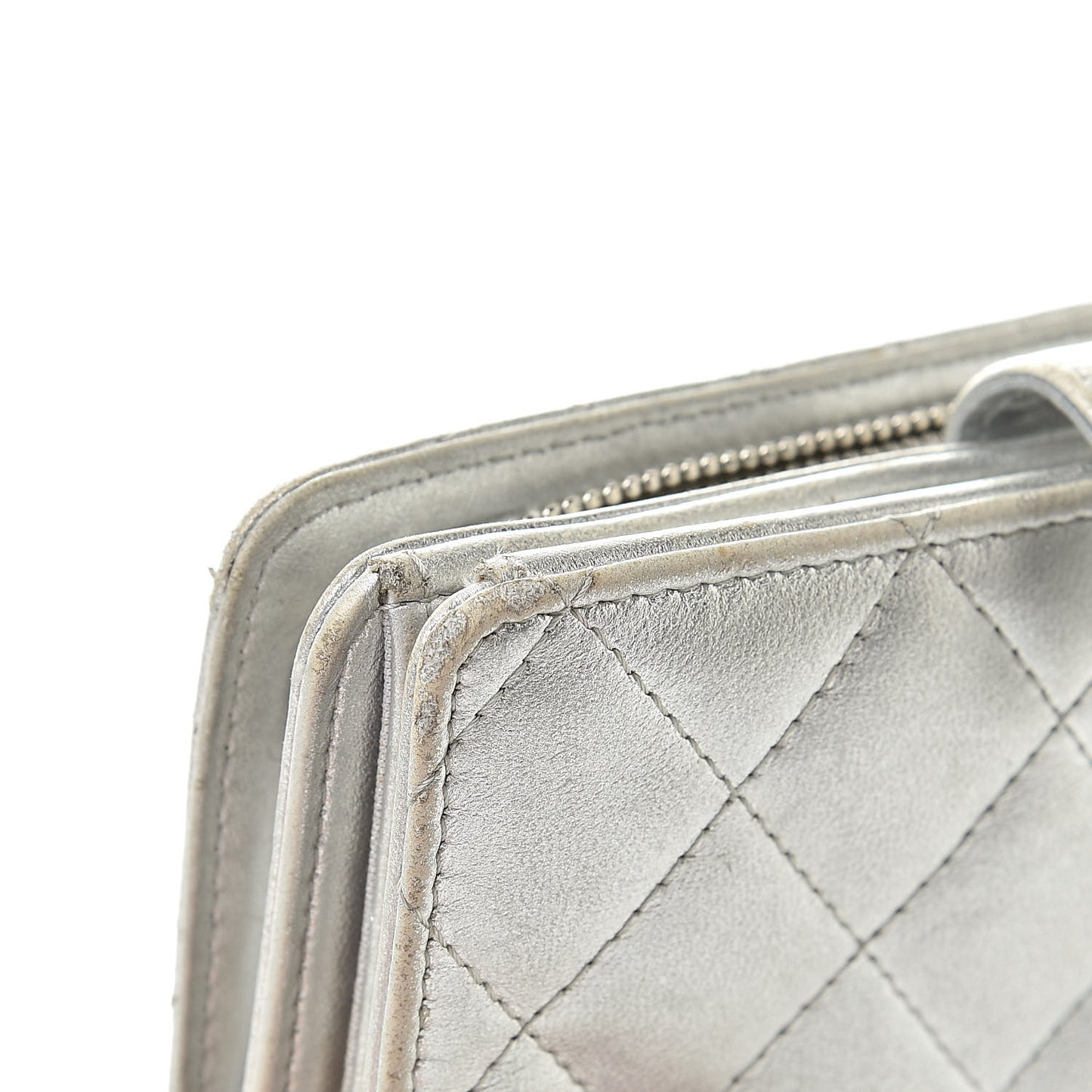 Metallic Lambskin Quilted Zipped Pocket Wallet Silver