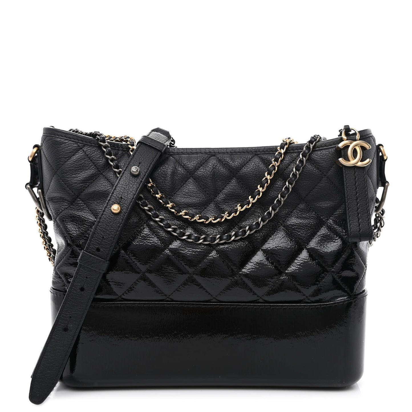 Patent Goatskin Quilted Medium Gabrielle Hobo Black