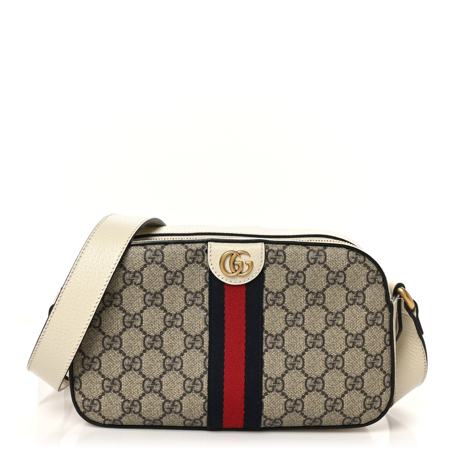 GG Supreme Monogram Textured Calfskin Web Small Ophidia Camera Bag Beige Ebony Mystic White