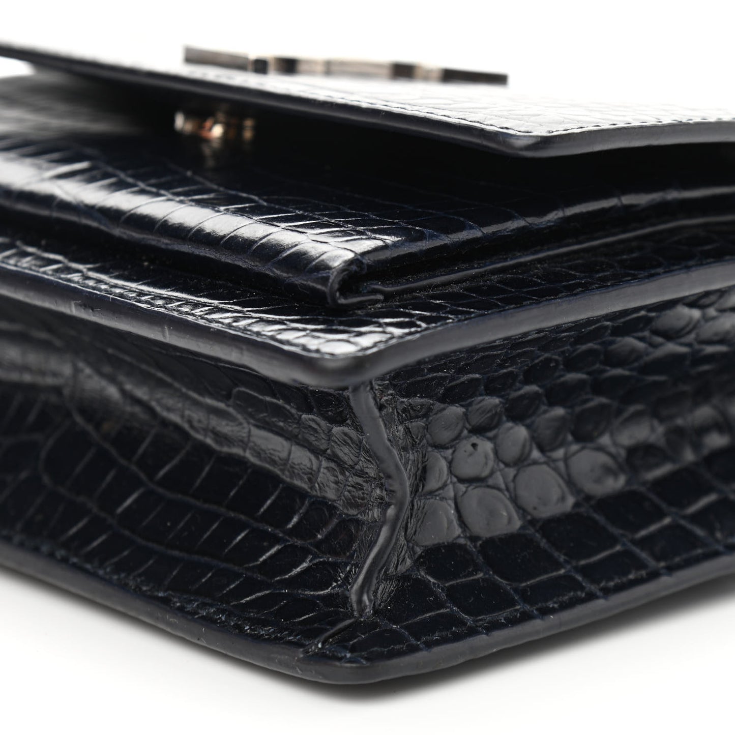 Calfskin Crocodile Embossed Monogram Sunset Chain Wallet Navy