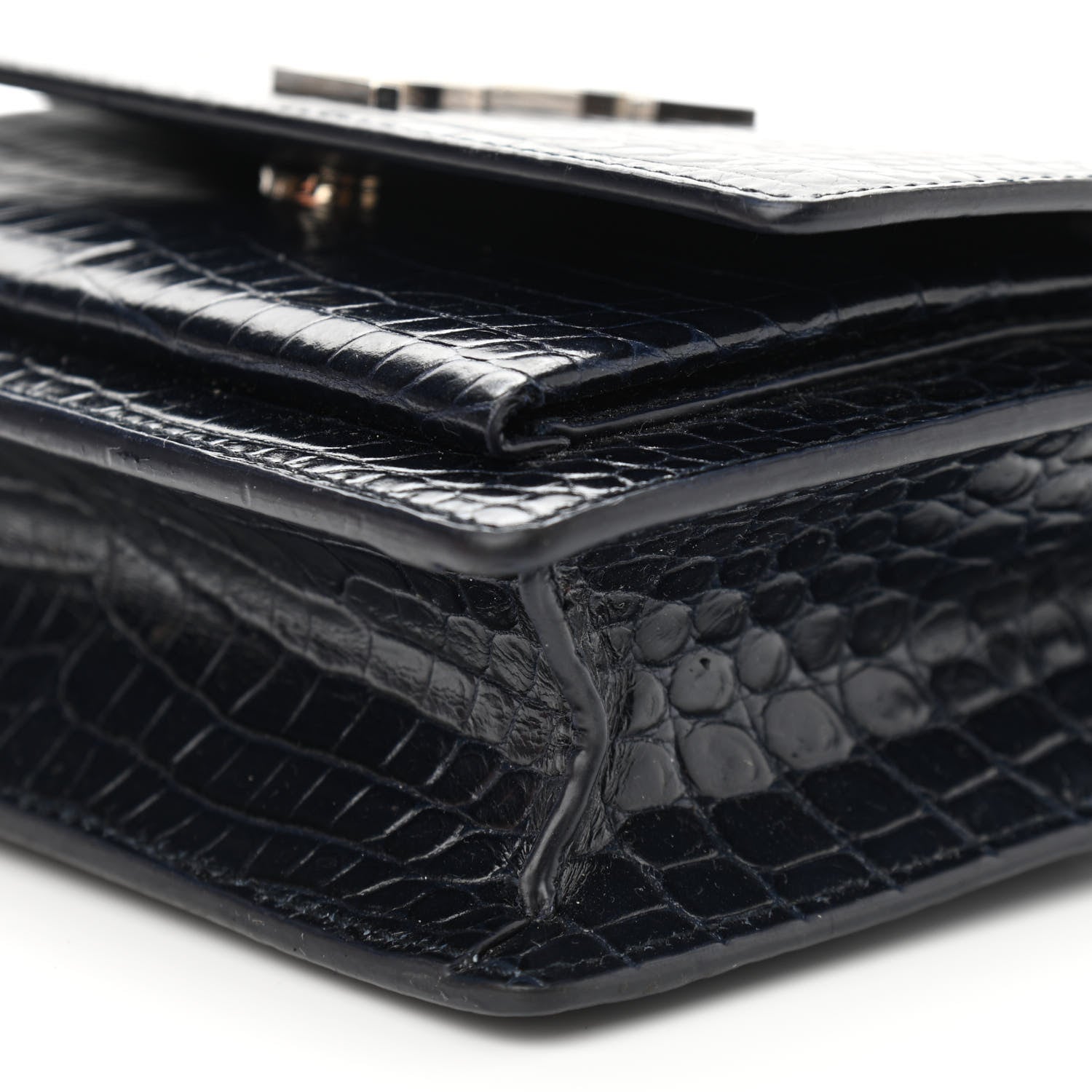 Saint Laurent Calfskin Crocodile Embossed Monogram Sunset Chain Wallet Navy 10 of 10
