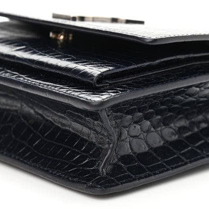 Saint Laurent Calfskin Crocodile Embossed Monogram Sunset Chain Wallet Navy 10 of 10