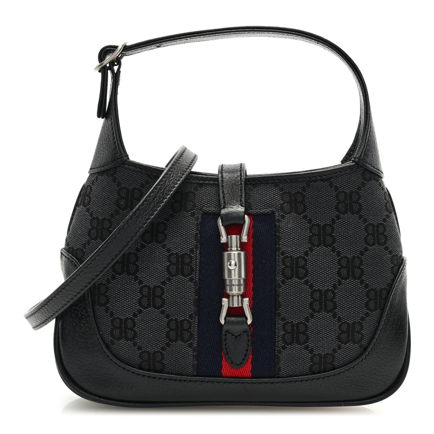Gucci X BALENCIAGA BB Monogram Calfskin Web Mini Jackie 1961 Hobo Black 1 of 8