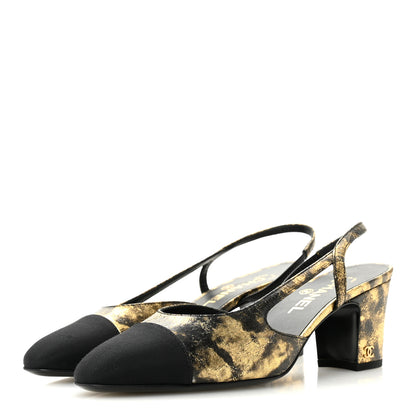 Chanel Laminated Lambskin Grosgrain Cap Toe CC Slingback Pumps 38 Gold Black 4 of 10