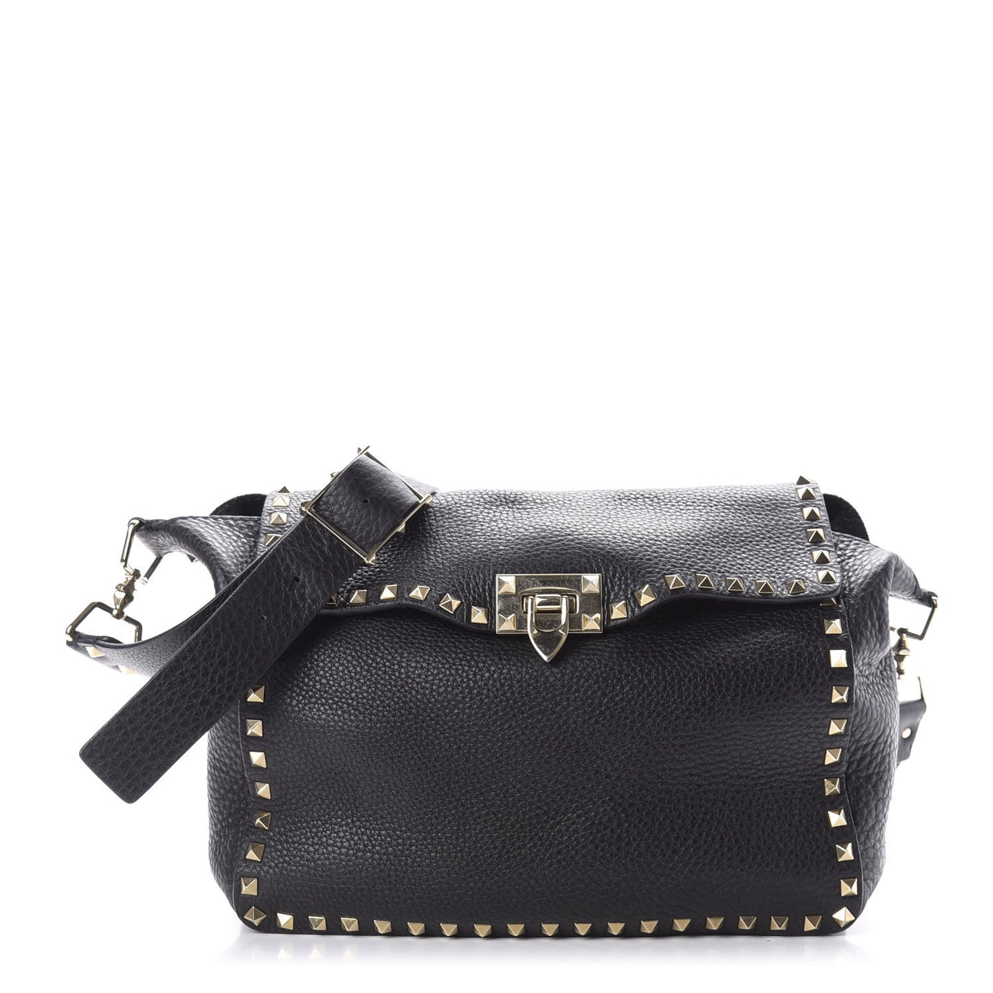 Pebbled Calfskin Rockstud Flip Lock Flap Messenger Satchel Black