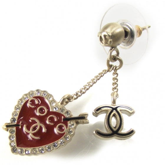 Chanel Metal Enamel Crystal CC Heart Earrings Gold Red 4 of 5