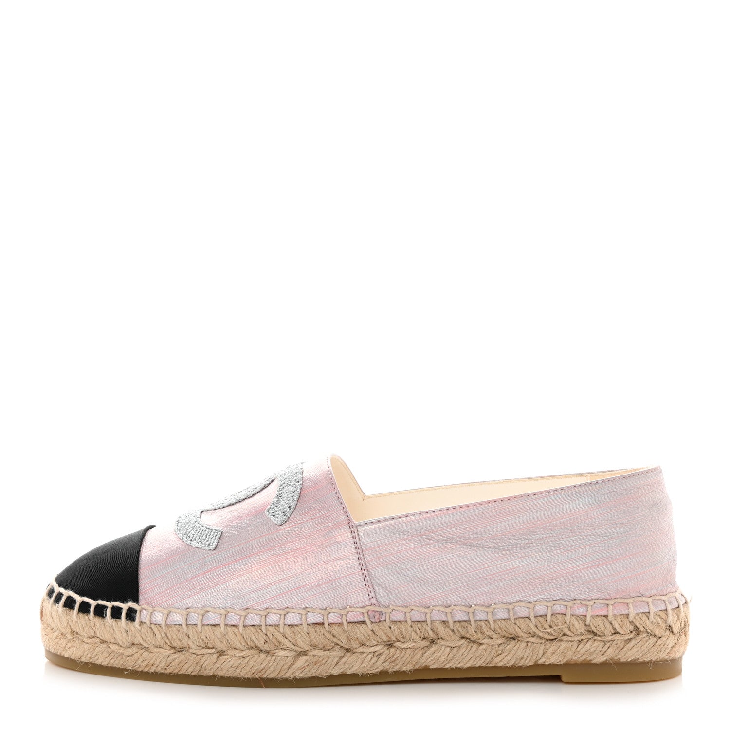 Chanel Laminated Lambskin Grosgrain Embroidered CC Espadrilles 39 Pink Silver Black 1 of 8