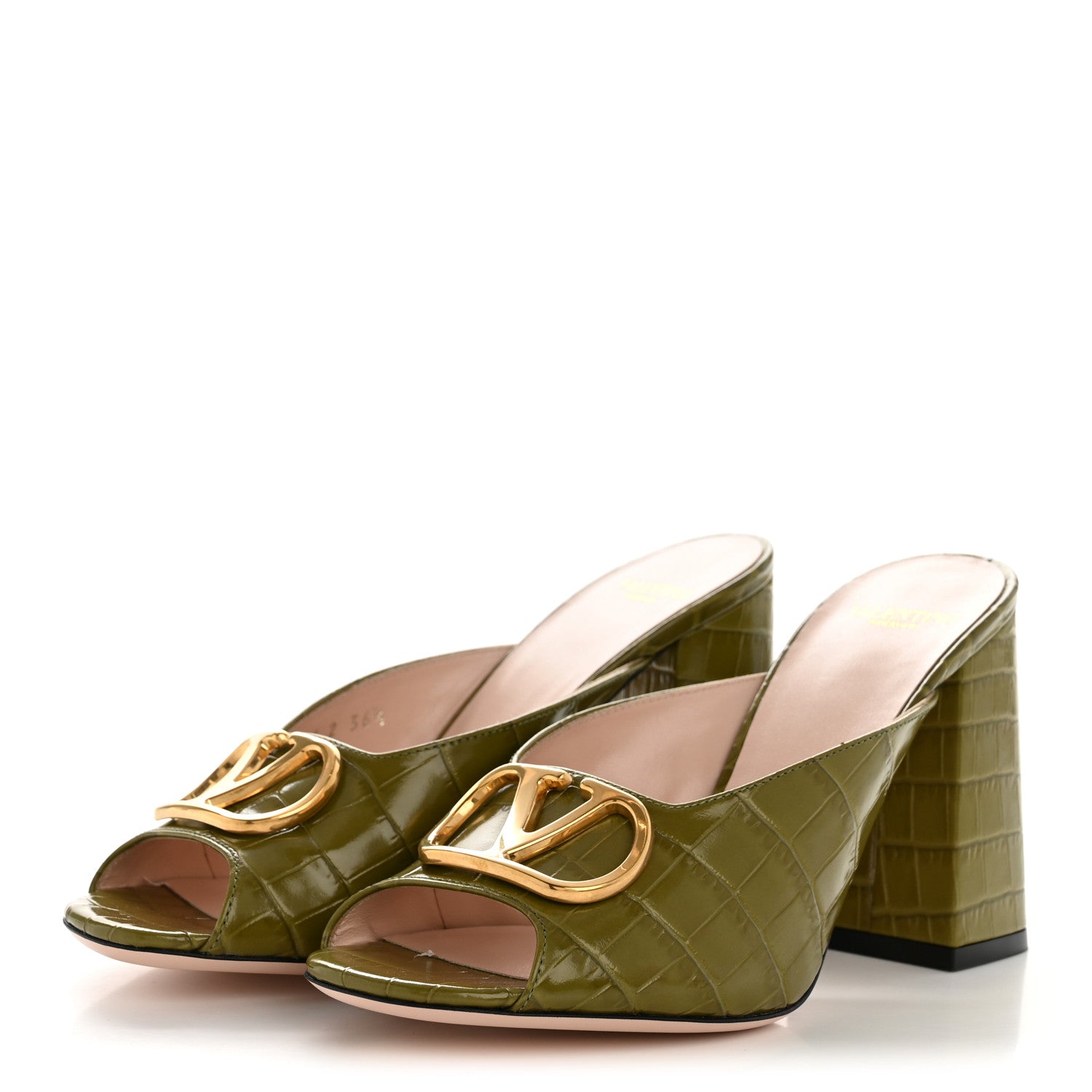 Valentino Garavani Calfskin Printed Crocodile Effect VLogo Signature 95mm Slide Sandals 36.5 Green 4 of 10