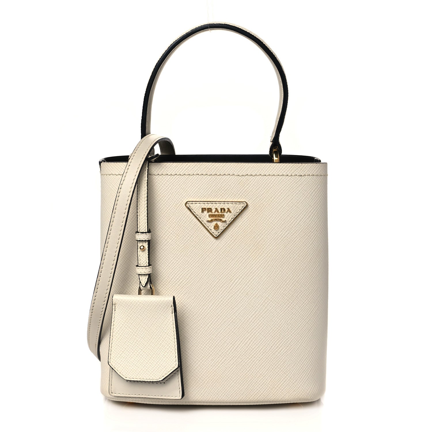 Prada Saffiano Cuir Calfskin Small Panier Bucket Bag White Black 1 of 9