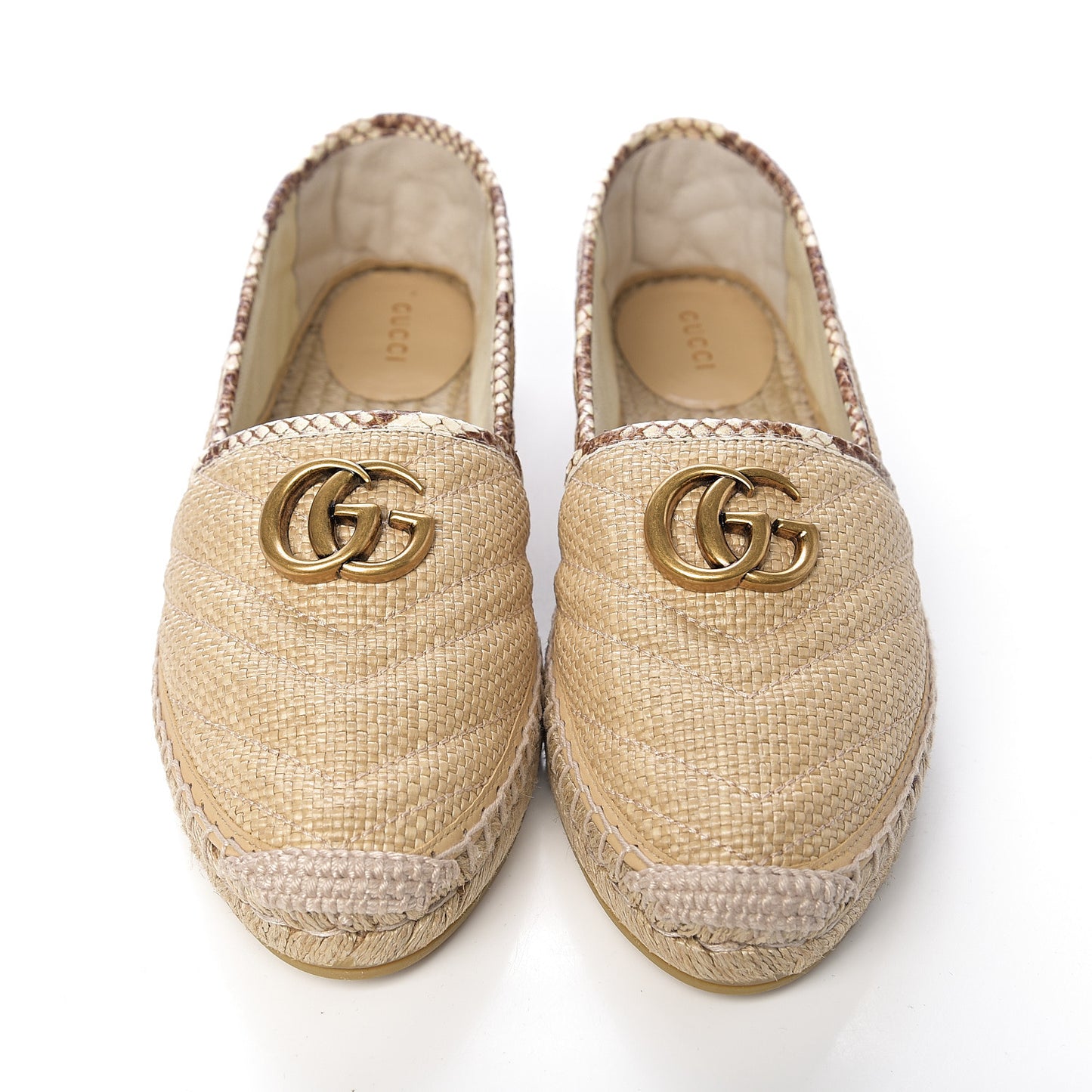 Straw Elaphe Matelasse GG Marmont Espadrilles 38.5 Natural Cream Brown