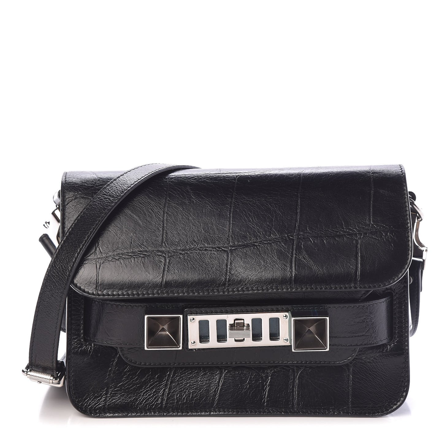 Calfskin Crocodile Embossed Mini PS11 Classic Shoulder Bag Black