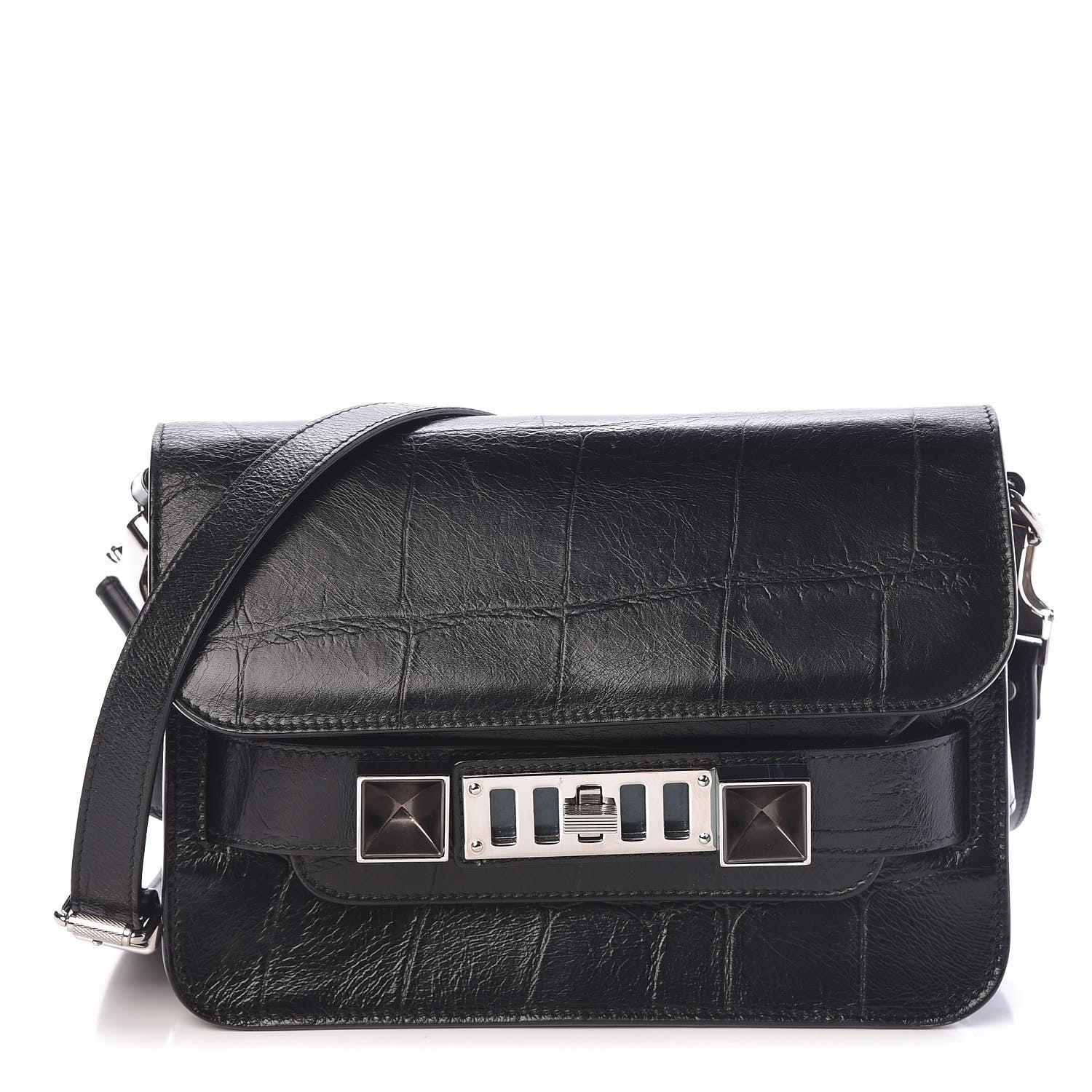 Proenza Schouler Calfskin Crocodile Embossed Mini PS11 Classic Shoulder Bag Black 1 of 10