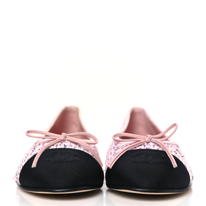 Chanel Tweed Grosgrain Cap Toe Ballerina Flats 37 Pink Black 2 of 9