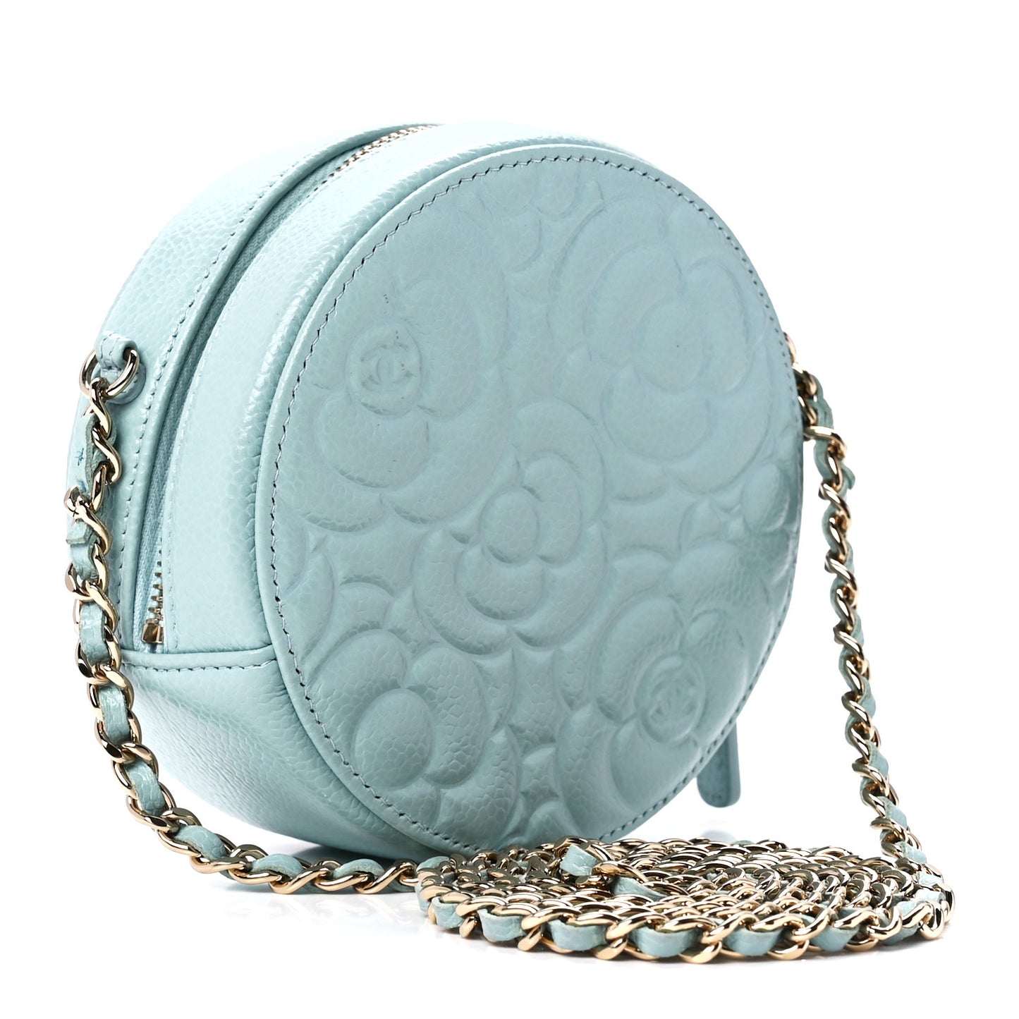 Caviar Camellia Embossed Round Clutch With Chain Light Blue