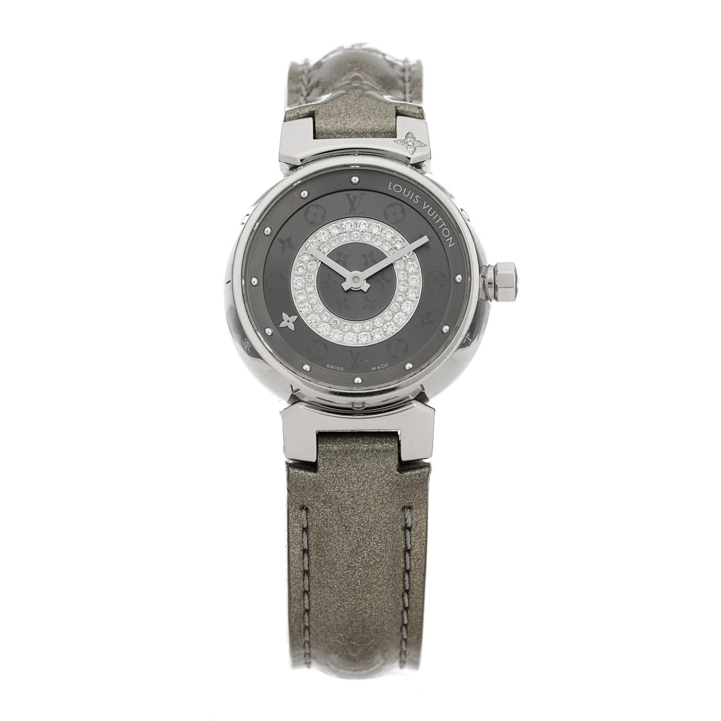 Stainless Steel Vernis Diamond 28mm Tambour Quartz Watch Grey