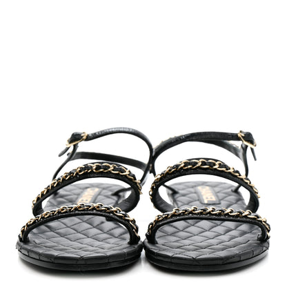Chanel Crumpled Calfskin Chain Sandals 38 Black 3 of 12