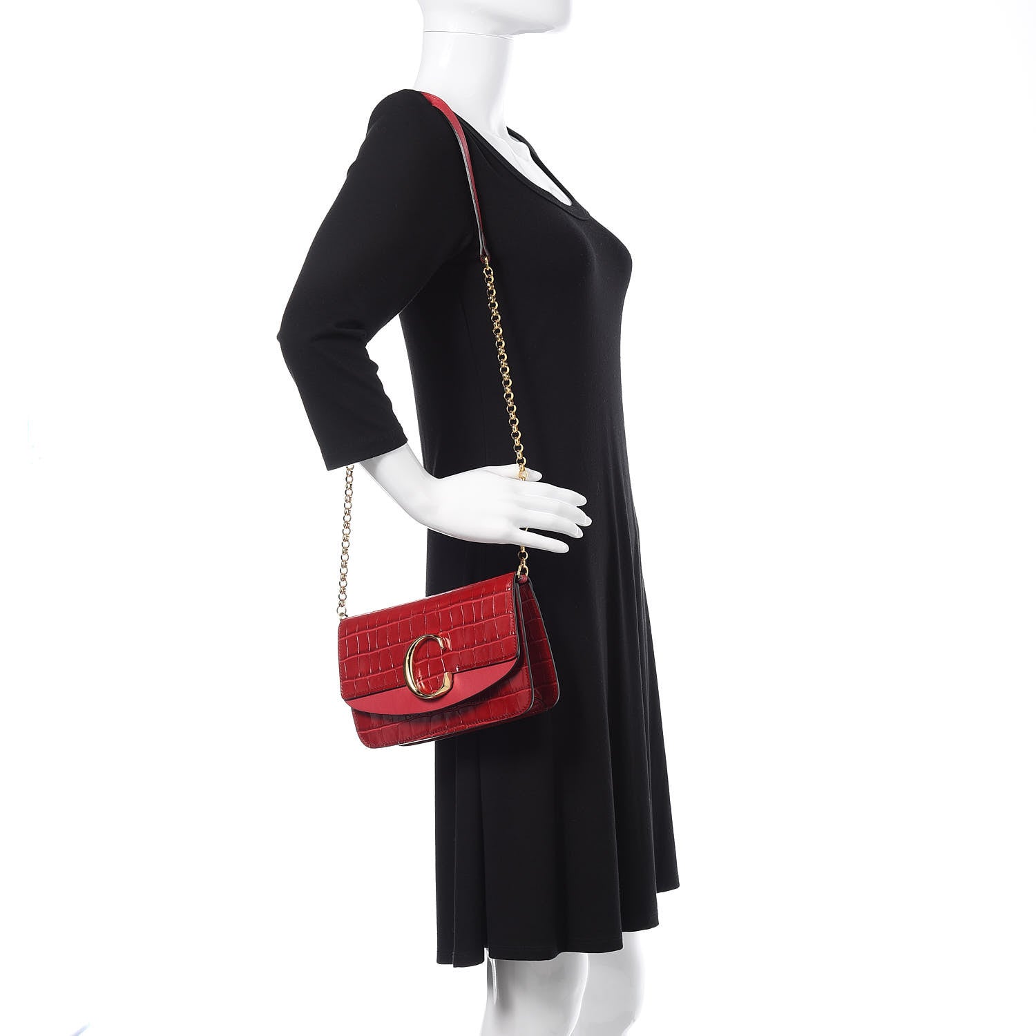 Chloe Calfskin Crocodile Embossed C Clutch With Chain Red 2 of 9