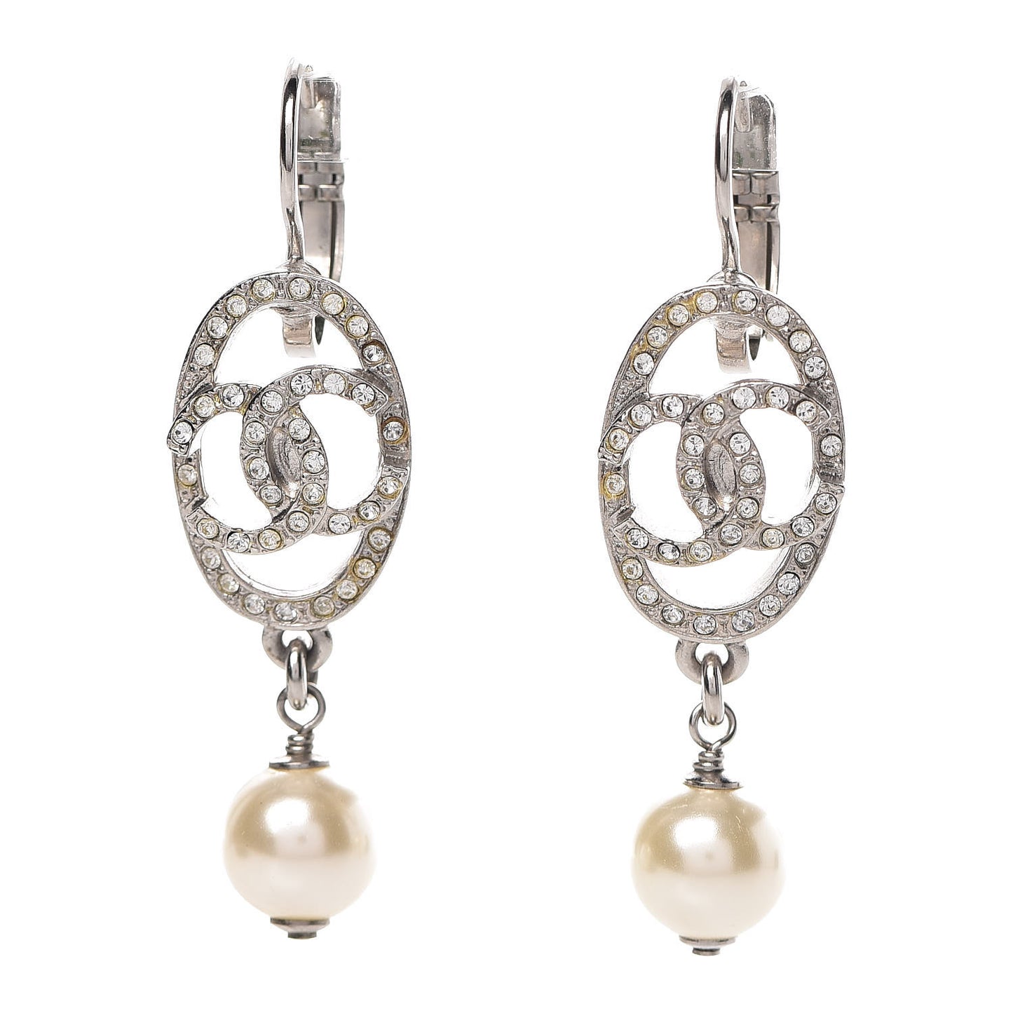 Crystal Pearl CC Drop Earrings Silver