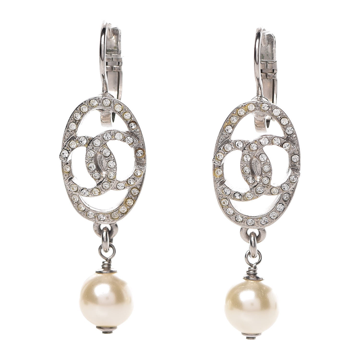 Chanel Crystal Pearl CC Drop Earrings Silver 1 of 5