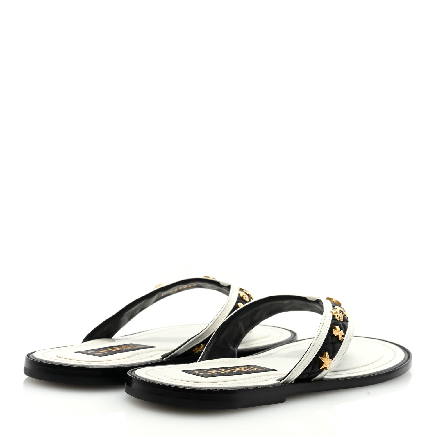 Chanel Lambskin Charms Thong Sandals 37 Black White 4 of 7