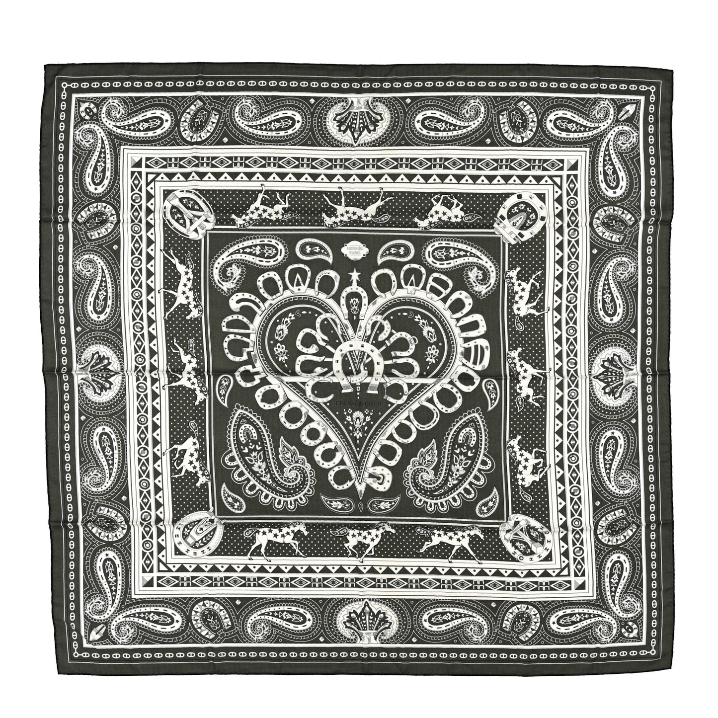 Cashmere Silk Cheval De Coeur Bandana Shawl 140 Kaki White Black