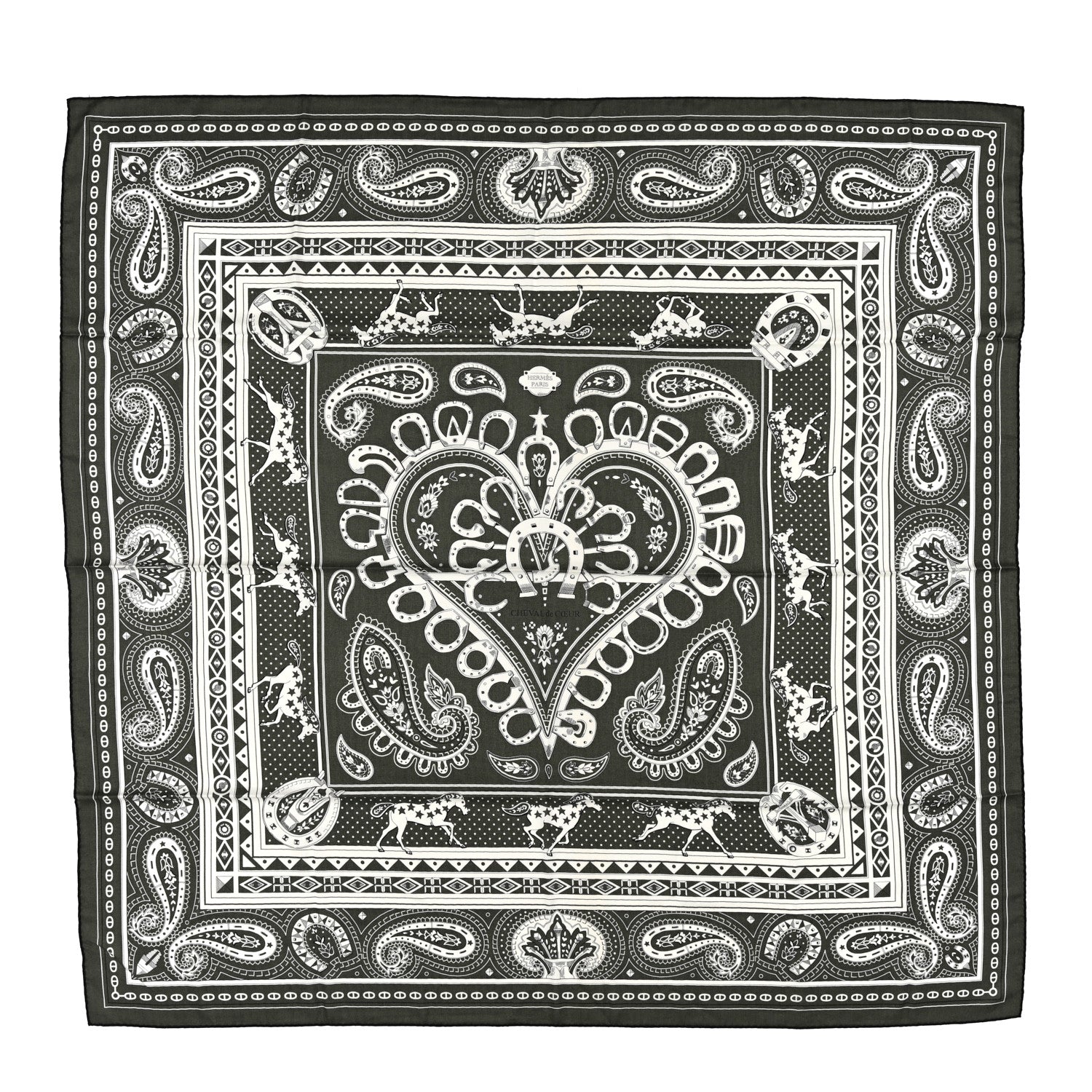 Hermes Cashmere Silk Cheval De Coeur Bandana Shawl 140 Kaki White Black 1 of 4
