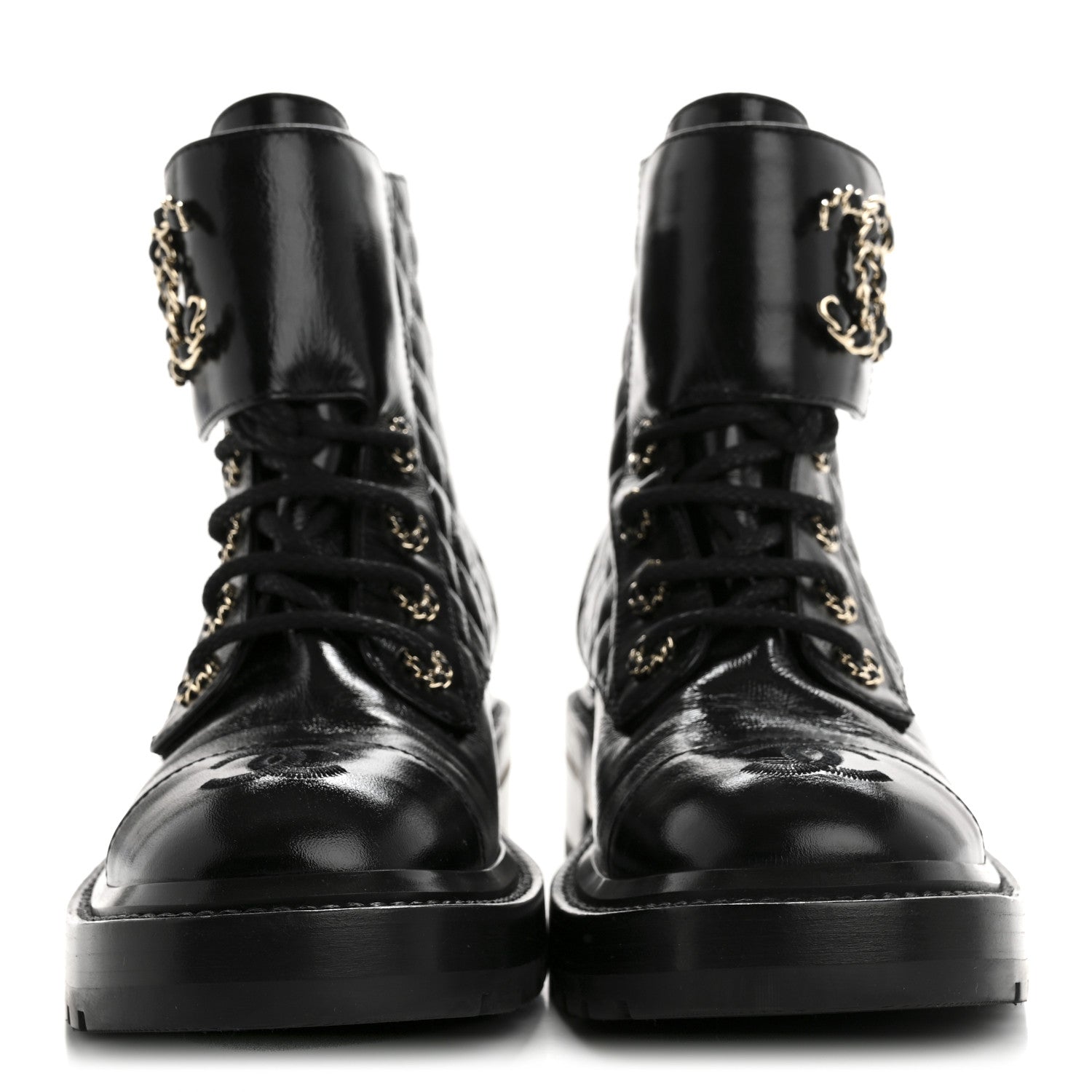 Chanel Shiny Lambskin Quilted Lace Up Combat Boots 37 Black 3 of 11