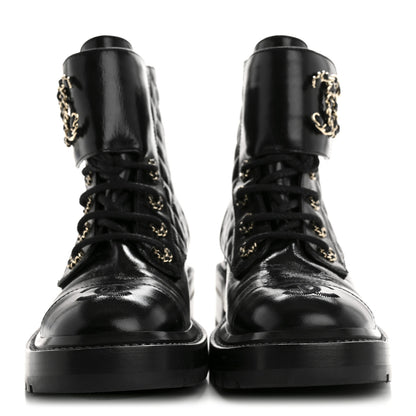 Chanel Shiny Lambskin Quilted Lace Up Combat Boots 37 Black 3 of 11
