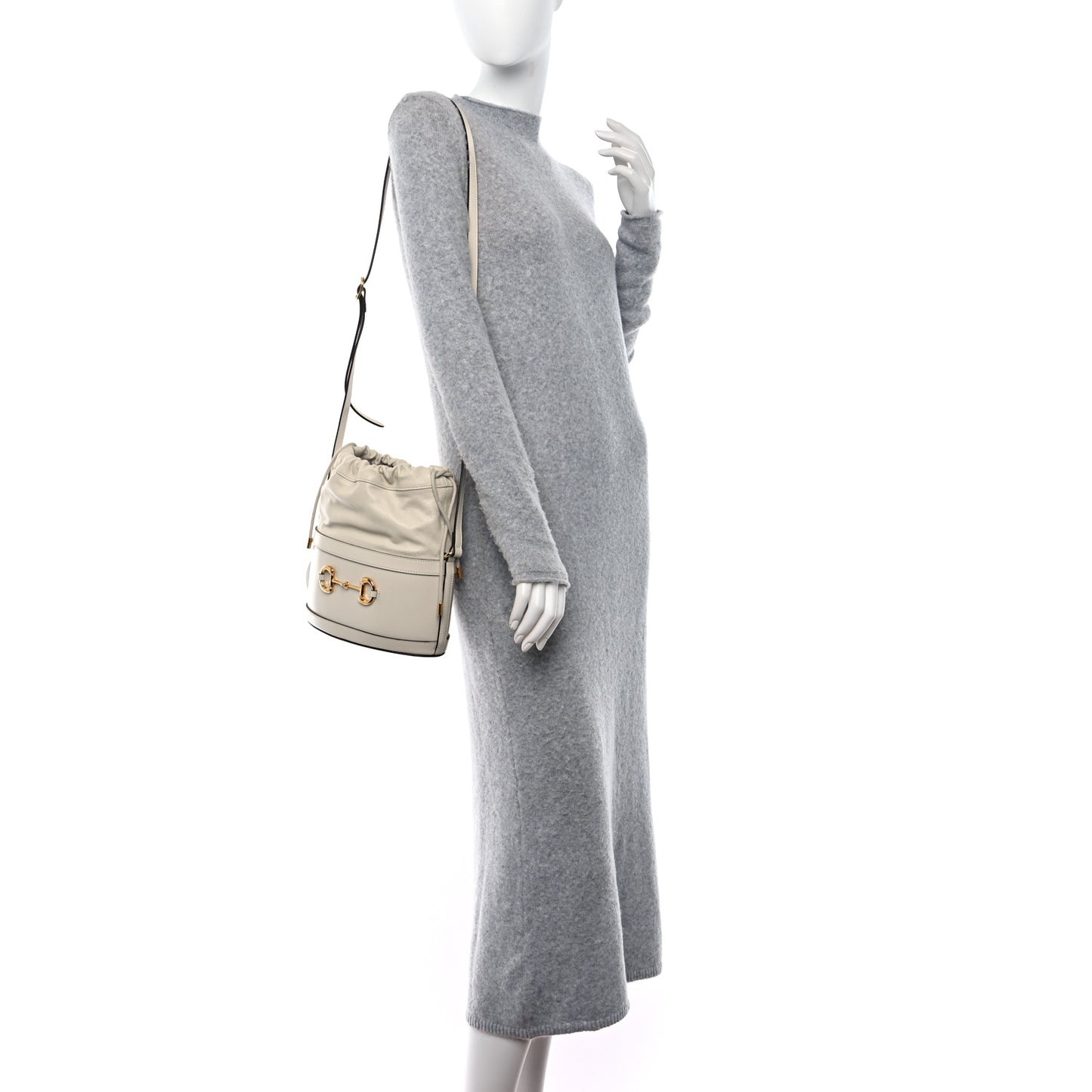 Azalea Sakai Calfskin Horsebit 1955 Drawstring Bucket Bag Mystic White