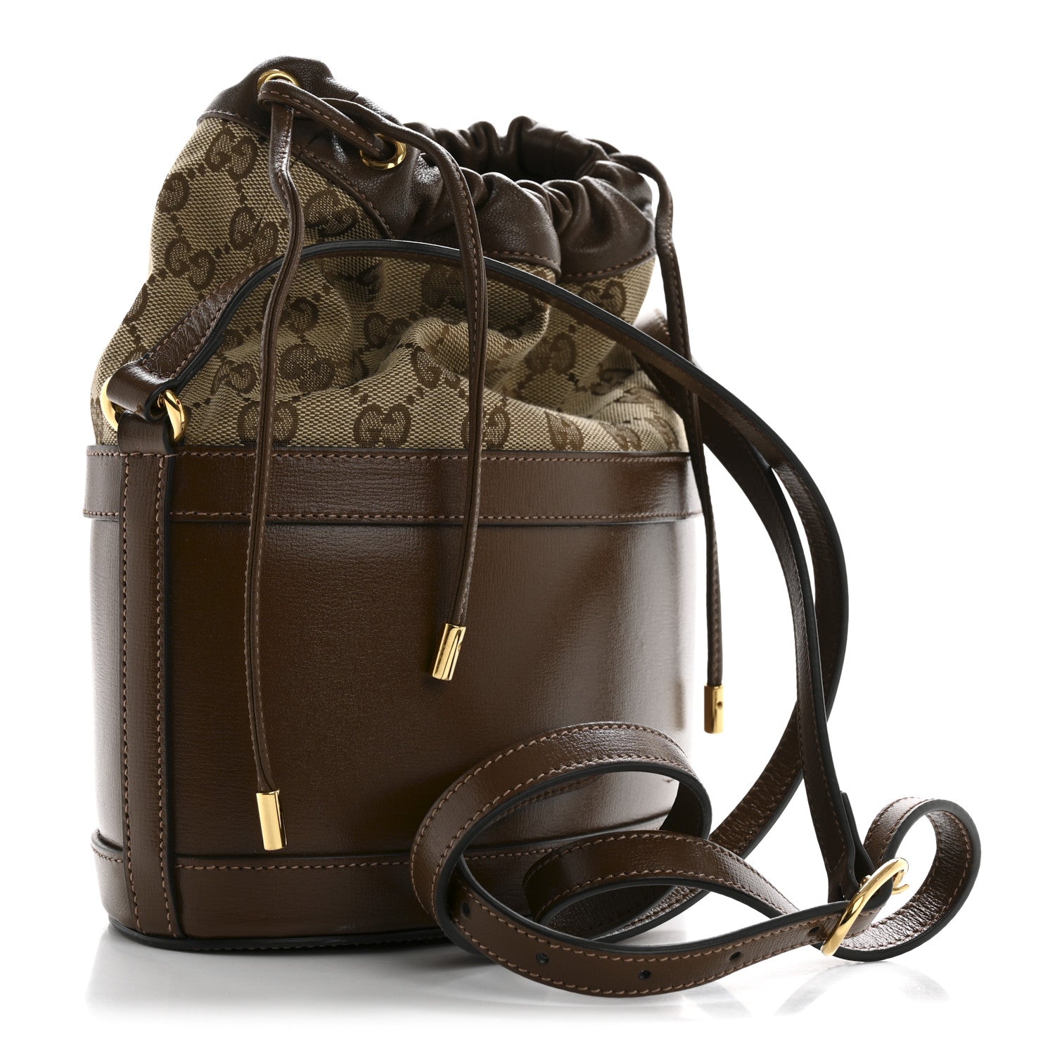 Gucci Monogram Textured Calfskin Horsebit 1955 Drawstring Bucket Bag Beige Brown Sugar 3 of 14
