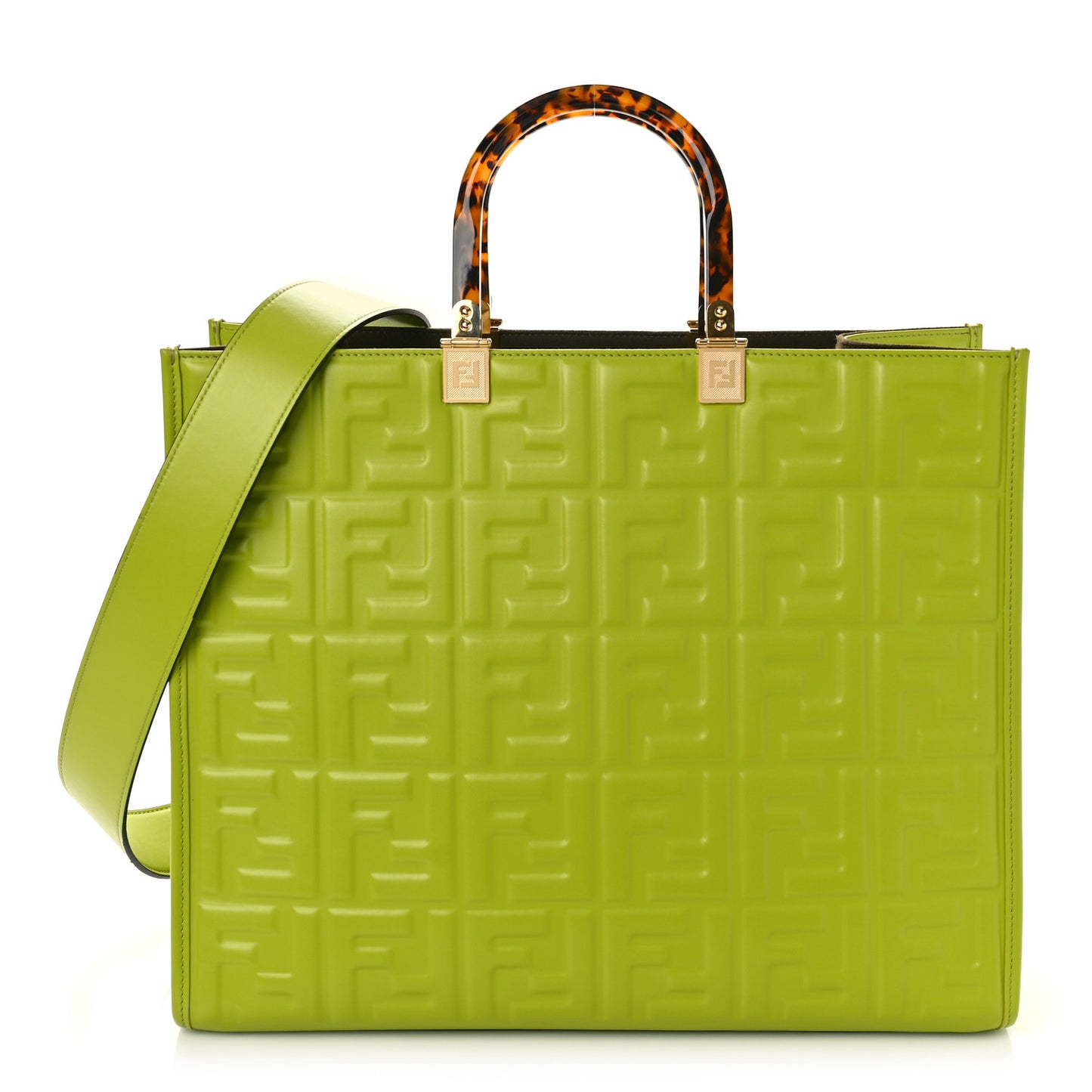 Vitello Plexiglass FF Embossed Medium Fendi Sunshine Shopper Tote Wasabi