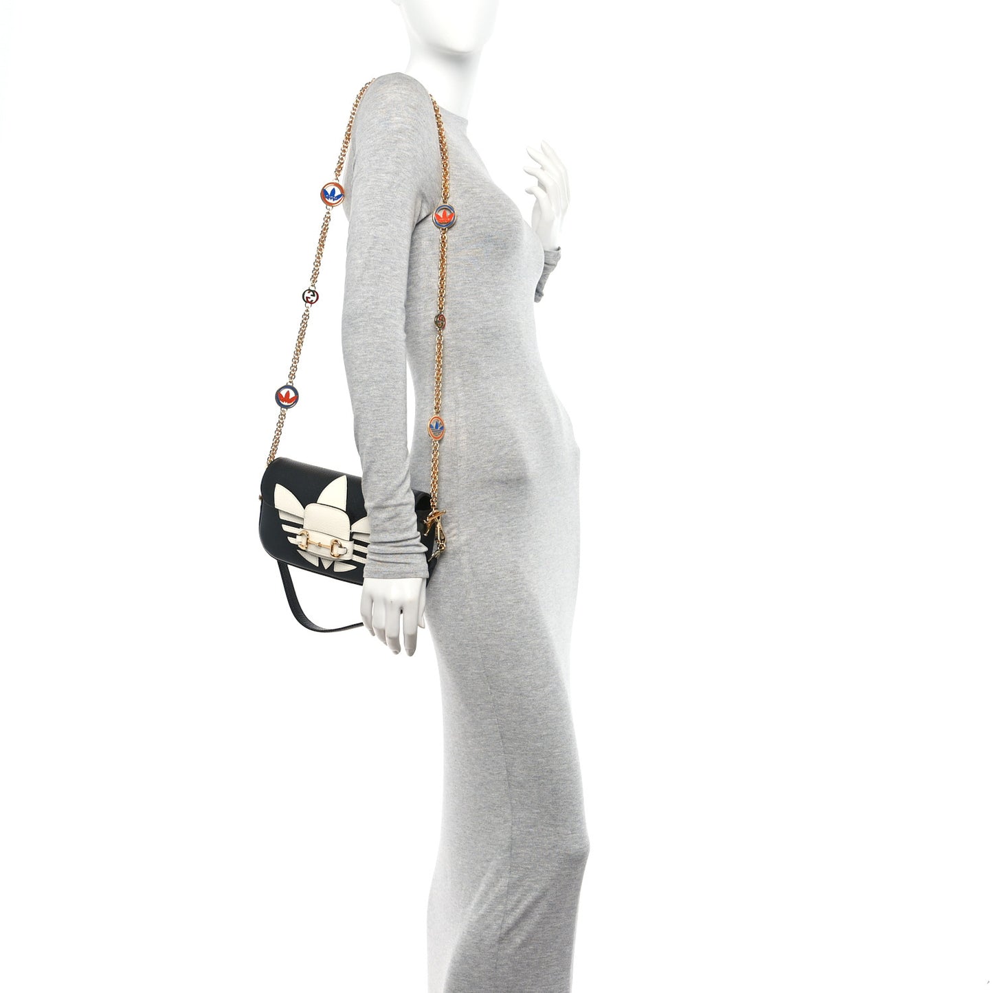 X ADIDAS Textured Dollar Calfskin Web Small Trefoil Horsebit 1955 Shoulder Bag Black Off White