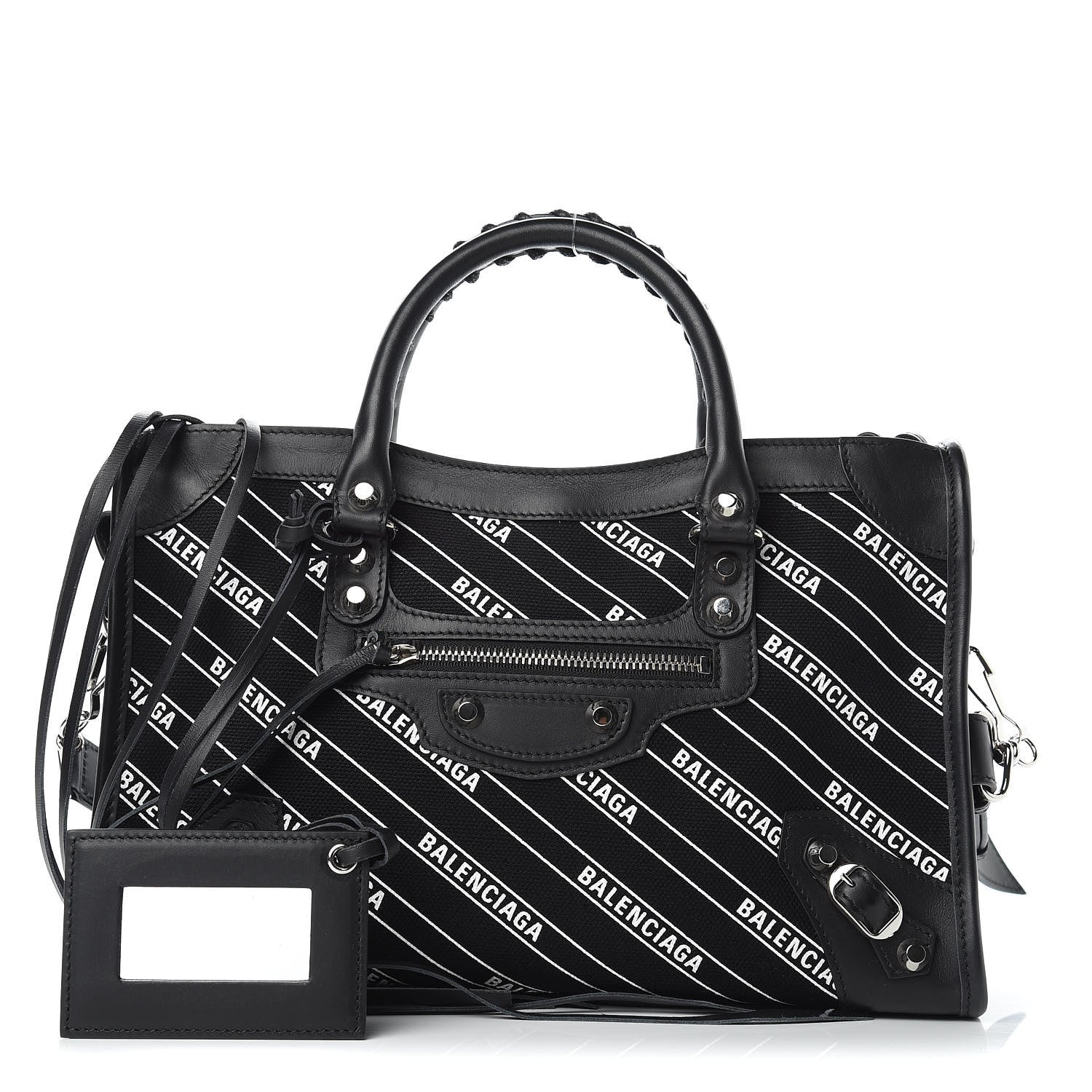 Balenciaga Canvas Satin Calfskin Diagonal Allover Logo Print Classic Silver Hardware S City Black White 1 of 8