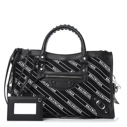 Balenciaga Canvas Satin Calfskin Diagonal Allover Logo Print Classic Silver Hardware S City Black White 1 of 8
