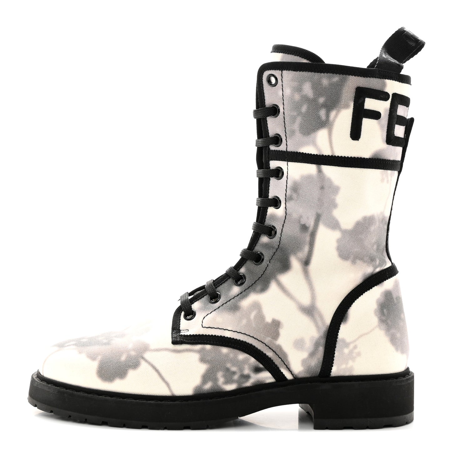 Canvas Floral Print Logo Bi-Color Womens Biker Boots 40 White Black