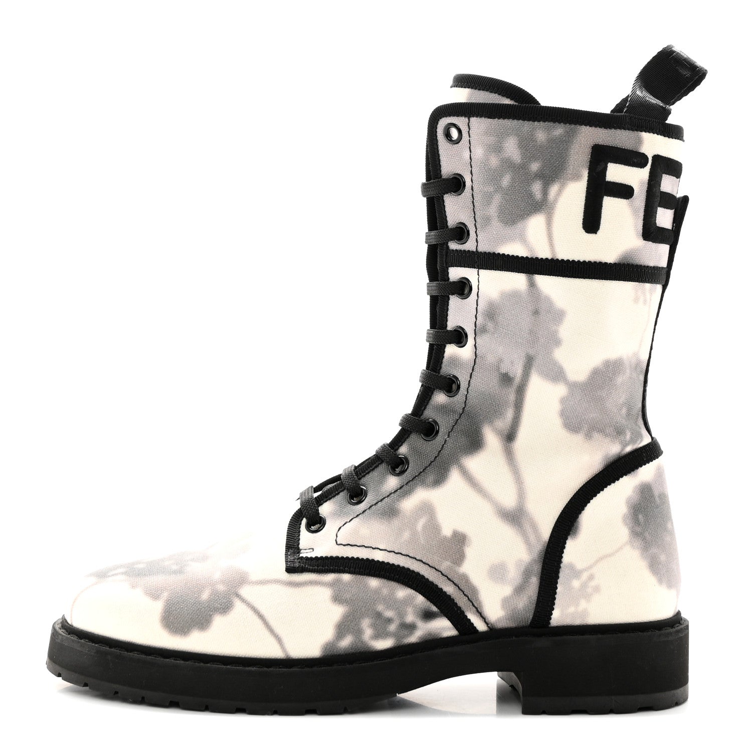 Fendi Canvas Floral Print Logo Bi-Color Womens Biker Boots 40 White Black 1 of 8