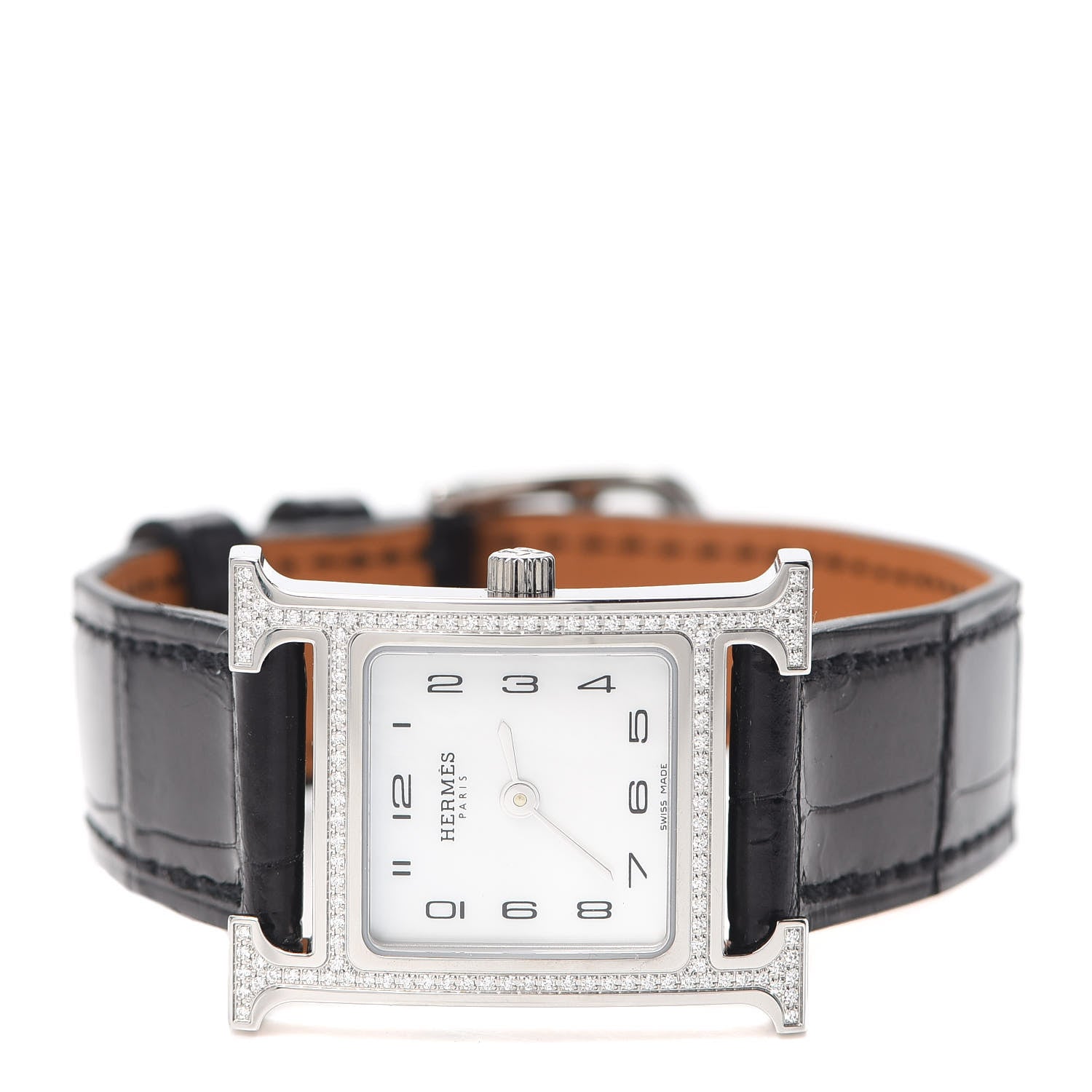 Hermes Stainless Steel Alligator Diamond Bezel Mother of Pearl 21mm Heure H Hour Quartz Watch Noir 2 of 5