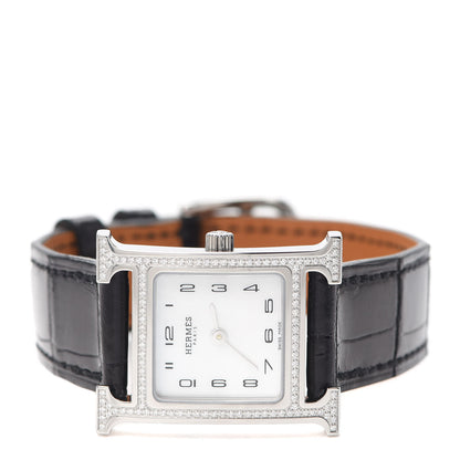 Hermes Stainless Steel Alligator Diamond Bezel Mother of Pearl 21mm Heure H Hour Quartz Watch Noir 2 of 5