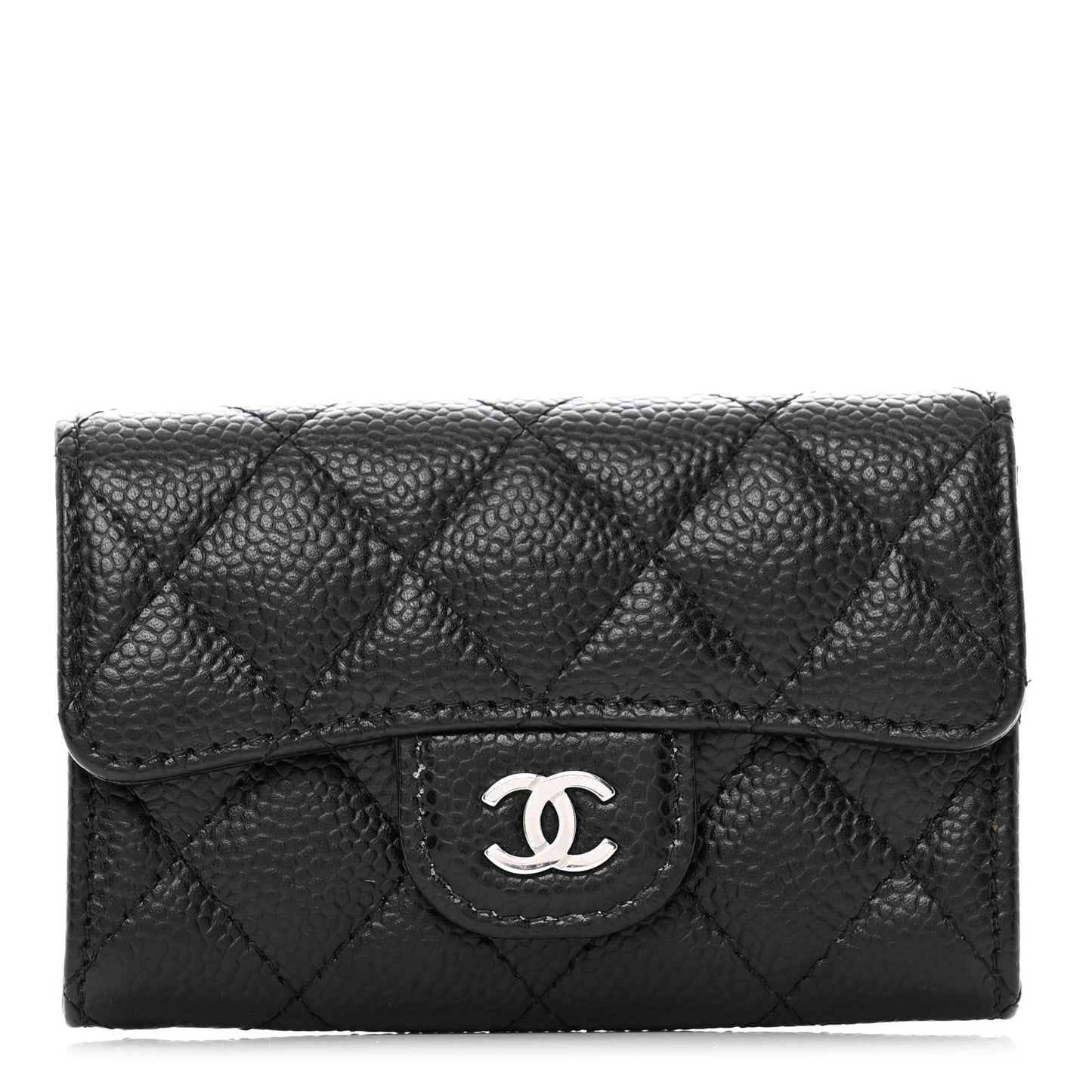 Caviar Quilted Flap Card Holder Wallet Black