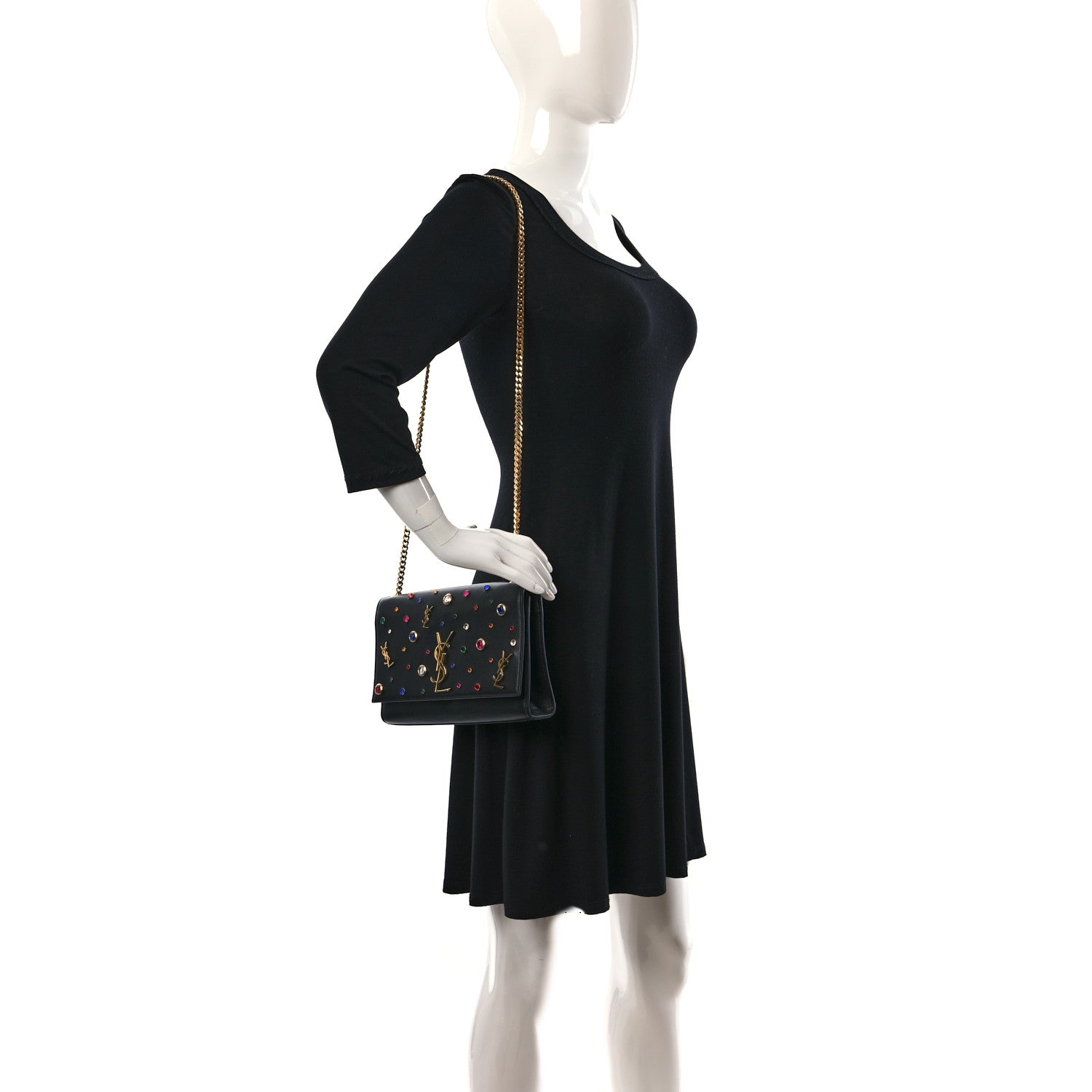 Saint Laurent Calfskin Crystal Medium Monogram Kate Satchel Black 2 of 11