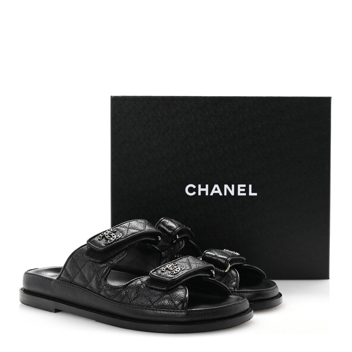 Grained Calfskin Quilted Velcro Dad Chain CC Slide Sandals 40 Black